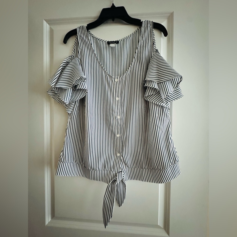 VENUS Black and White Striped Cold Shoulder Blouse